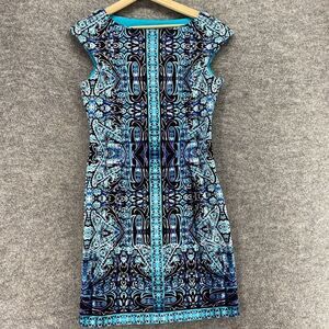 London Times Dress Women 10P Petite Blue Geometric Sheath Midi Zipper Casual